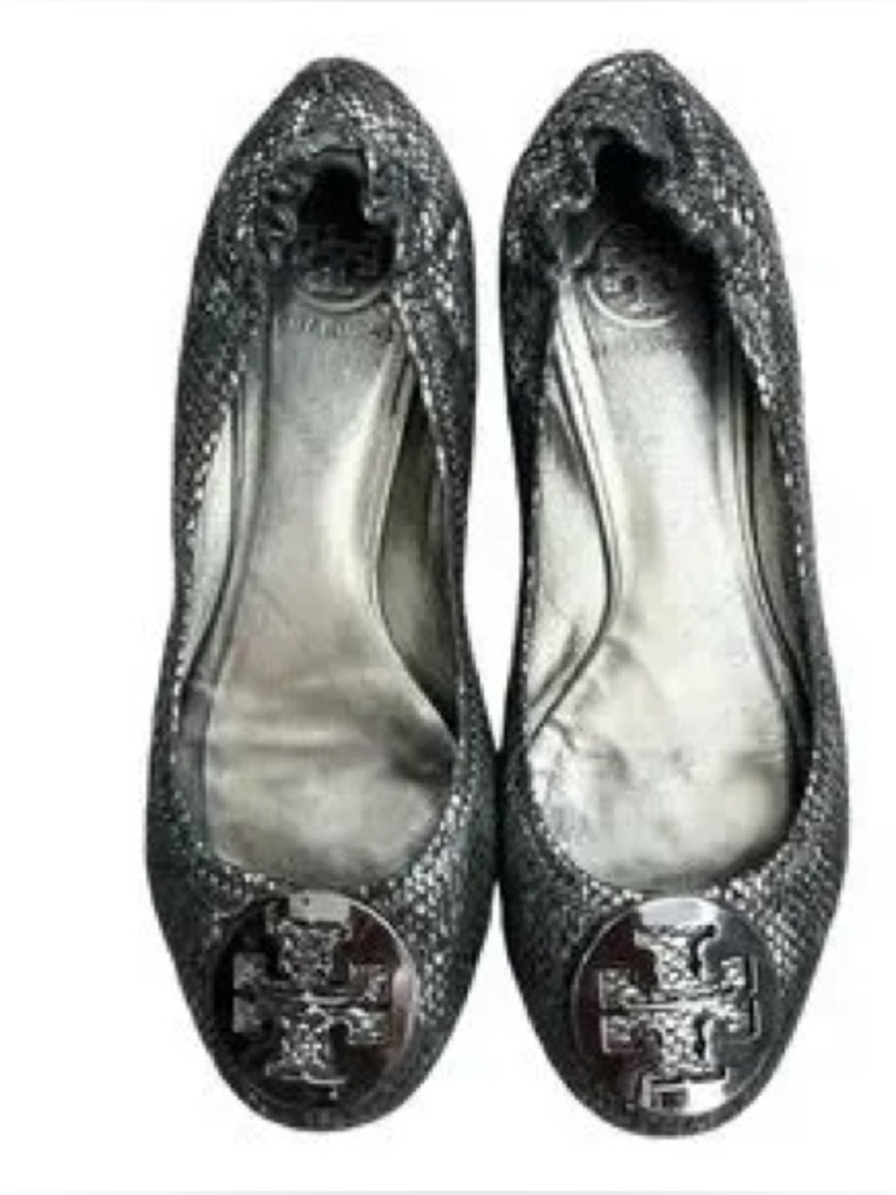 Tory Burch Reva Silver Metallic Logo Ballet Flats Size 8